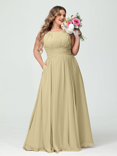 A-Line/Princess Spaghetti Straps Sleeveless Chiffon Ruched Plus Size Bridesmaid Dresses with Pockets