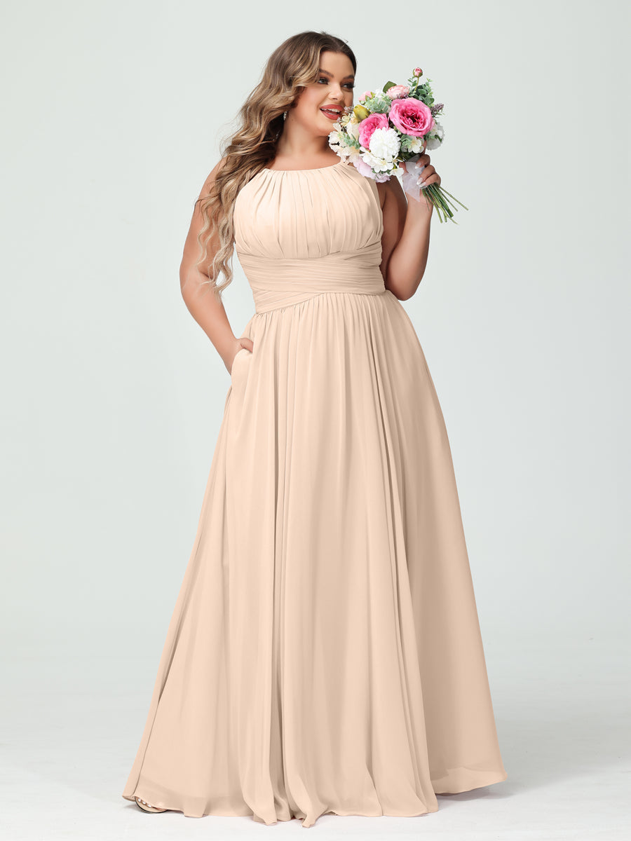 A-Line/Princess Spaghetti Straps Sleeveless Chiffon Ruched Plus Size Bridesmaid Dresses with Pockets