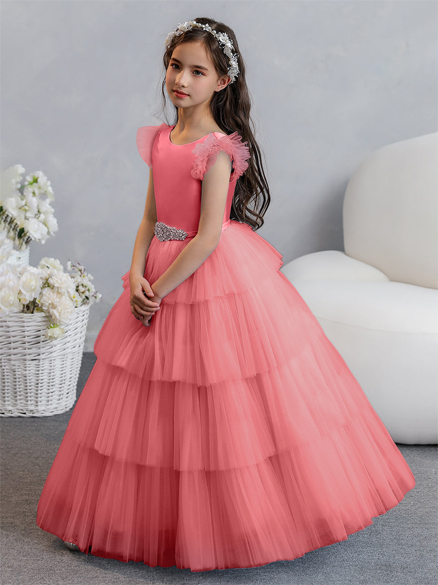 Tulle Ball Gown/Princess Flower Girl Dresses With Tiered Pleats & Rhinestones