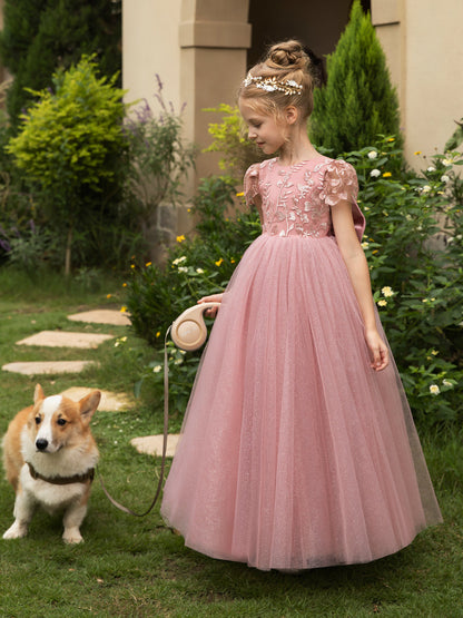 Crew Neck Tulle Flower Girl Dresses with Applique & Satin Bowknot