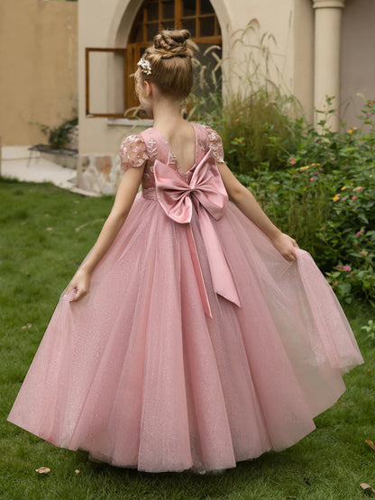 Crew Neck Tulle Flower Girl Dresses with Applique & Satin Bowknot