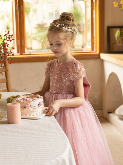 Crew Neck Tulle Flower Girl Dresses with Applique & Satin Bowknot
