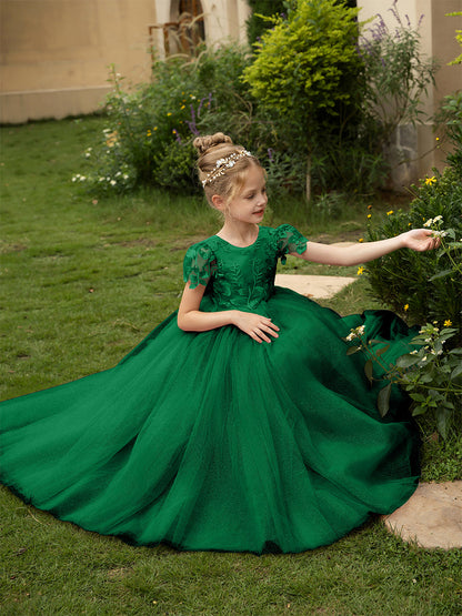 Crew Neck Tulle Flower Girl Dresses with Applique & Satin Bowknot