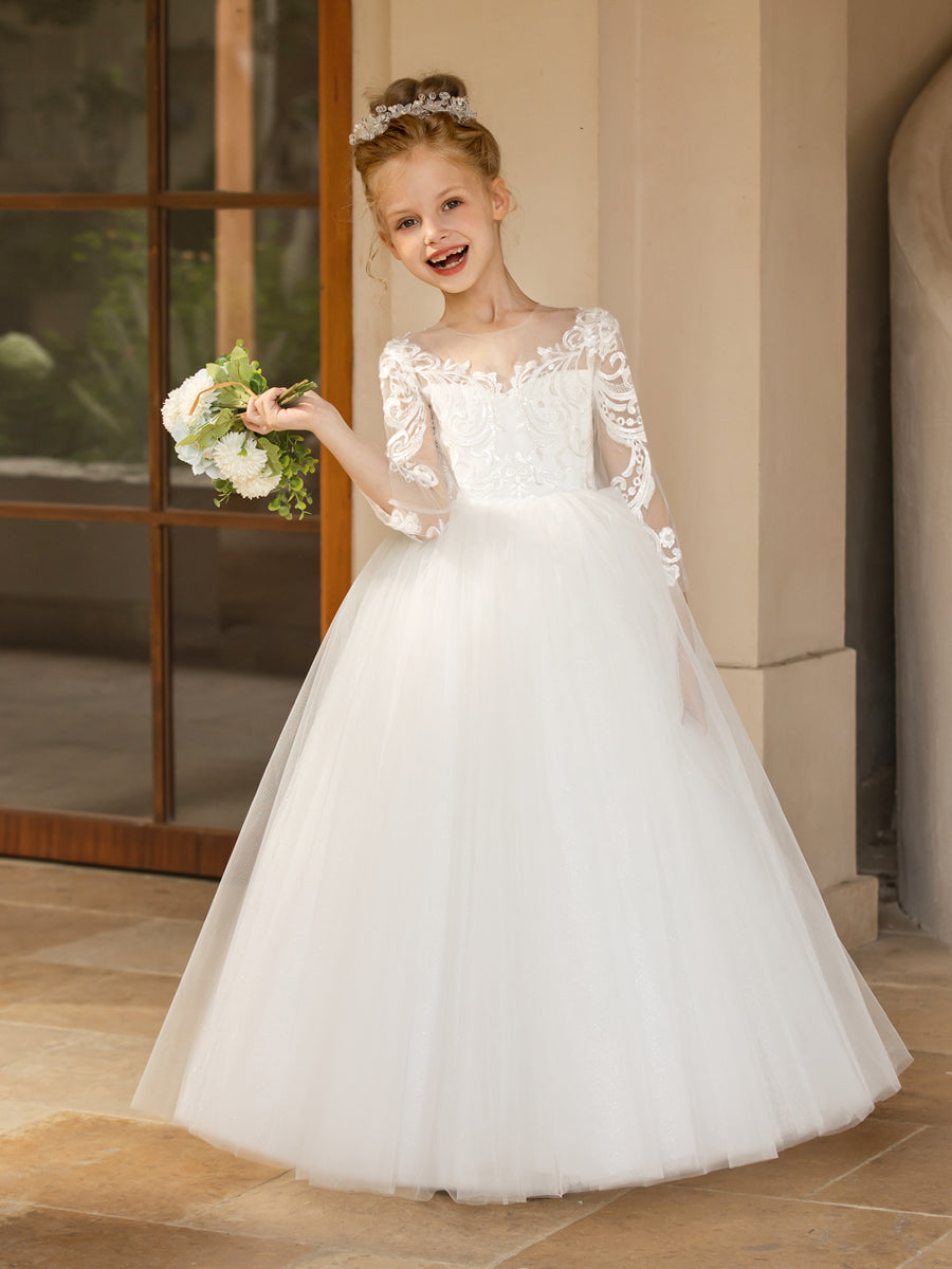 Crew Neck Tulle Flower Girl Dresses with Applique & Satin Bowknot