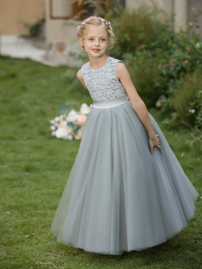 Crew Neck Tulle Flower Girl Dresses with Applique & Sash