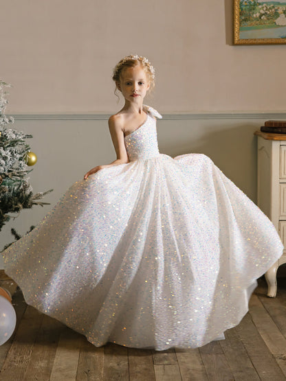 One-Shoulder Velvet Sequins Sleeveless Flower Girl Dresses with Bowknot
