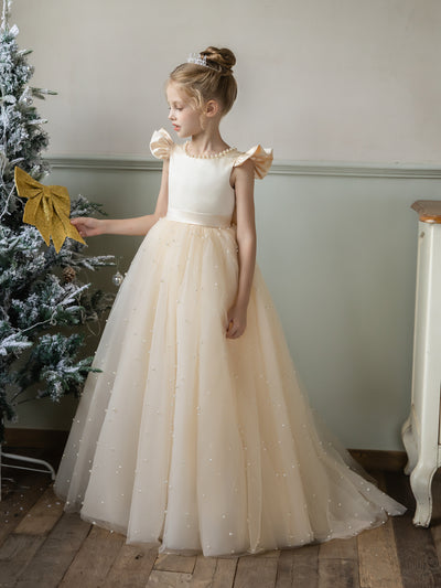 Crew Neck Tulle Flower Girl Dresses with Pearls & Satin Bowknot
