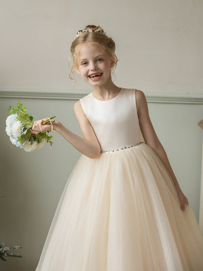 Crew Neck Tulle Flower Girl Dresses with Rhinestones & Bowknot