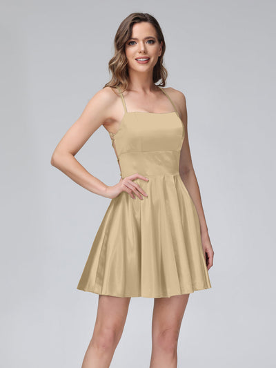 A-Line Sleeveless Backless Short Dresses with Spaghetti Straps