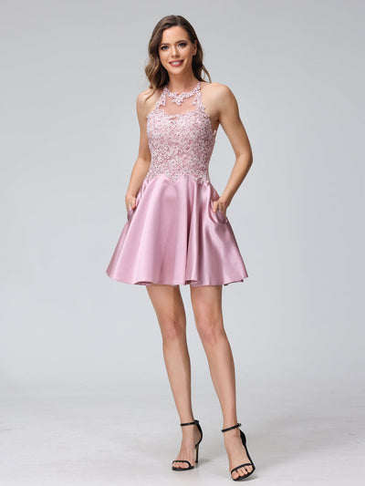 A-Line High Neck Sleeveless Satin Short Lace Dresses with Appliques