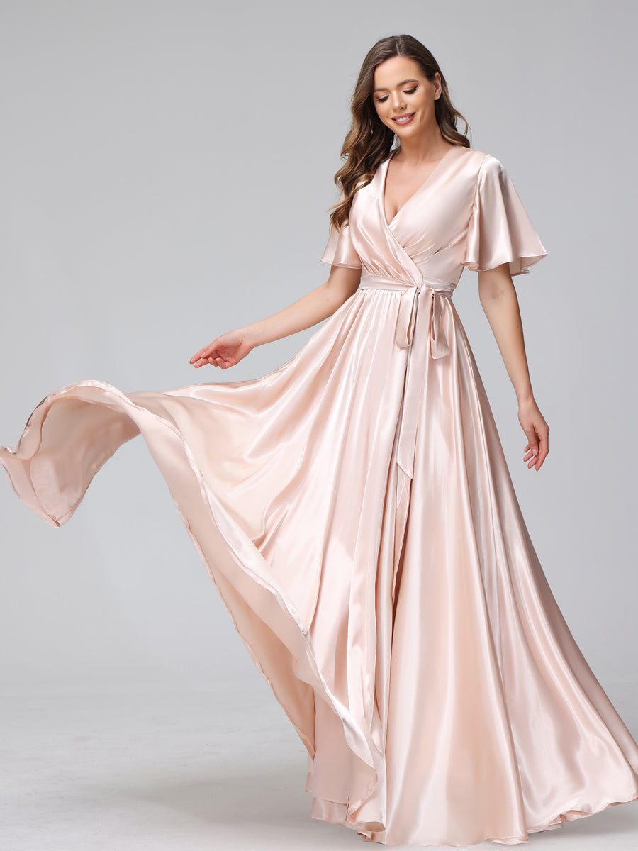 A-Line V-Neck Half Sleeves Long Silk Satin Bridesmaid Dresses With Ruffles Split Side