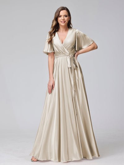 A-Line V-Neck Half Sleeves Long Silk Satin Bridesmaid Dresses With Ruffles Split Side