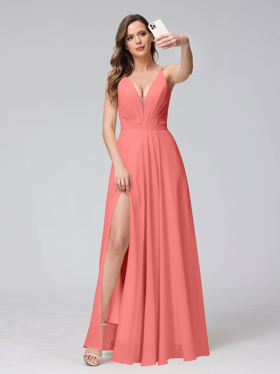 A-Line Spaghetti Straps V-Neck Sleeveless Long Chiffon Bridesmaid Dresses With Split Side