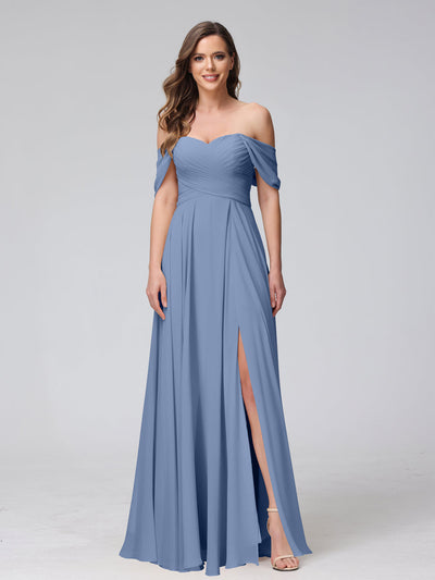 A-Line Off-the-Shoulder Sleeveless Ruched Long Chiffon Bridesmaid Dresses with Split Side