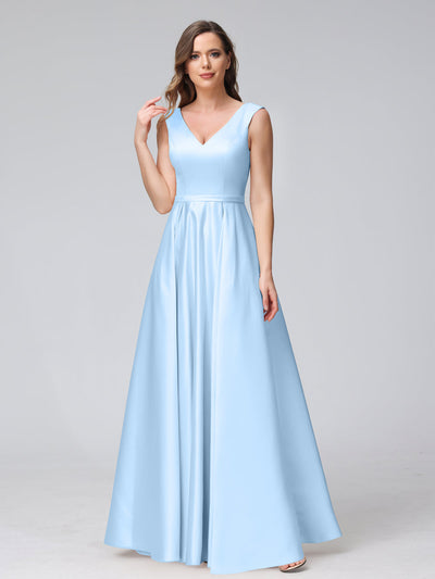 A-Line V-Neck Sleeveless Floor-Length Satin Bridesmaid Dresses With Pockets