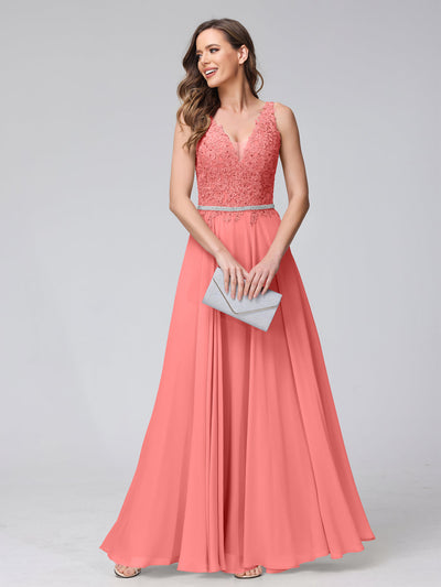 A-Line V-Neck Sleeveless Long Chiffon Dresses with Lace Appliques & Rhinestones
