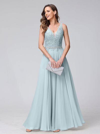 A-Line V-Neck Sleeveless Long Chiffon Dresses with Lace Appliques & Rhinestones