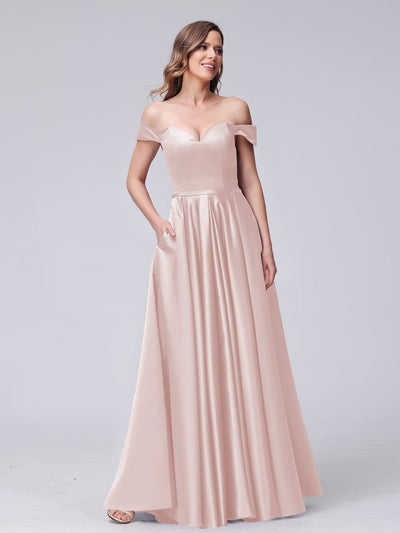 A-Line Off-the-Shoulder Sweetheart Satin Maxi Dresses with Pockets