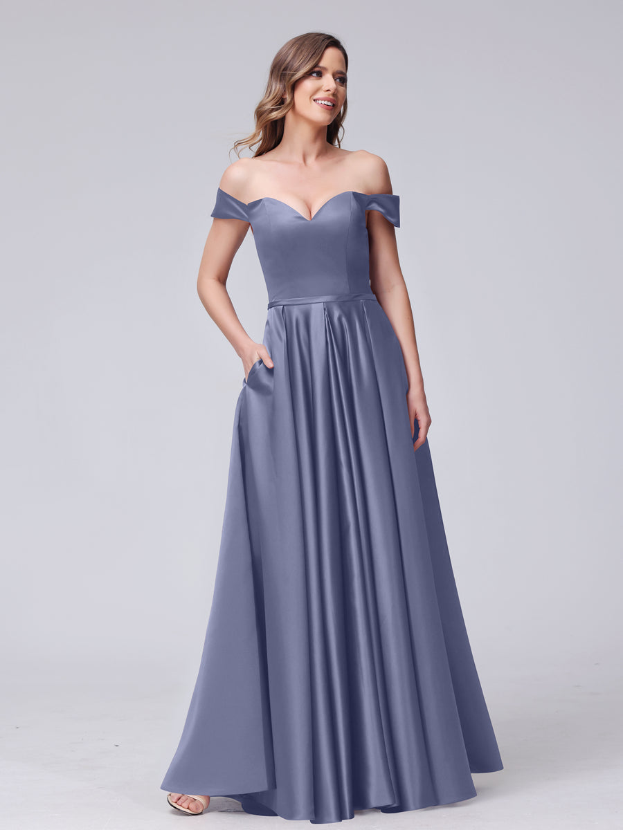 A-Line Off-the-Shoulder Sweetheart Satin Maxi Dresses with Pockets