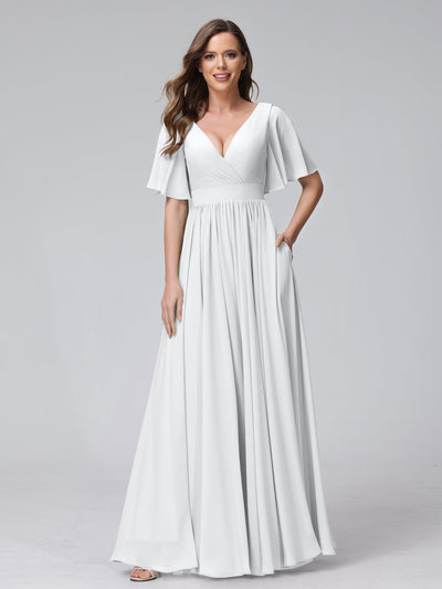 A-Line V-Neck Half Sleeves Long Chiffon Bridesmaid Dresses with Ruffles Split Side Pockets