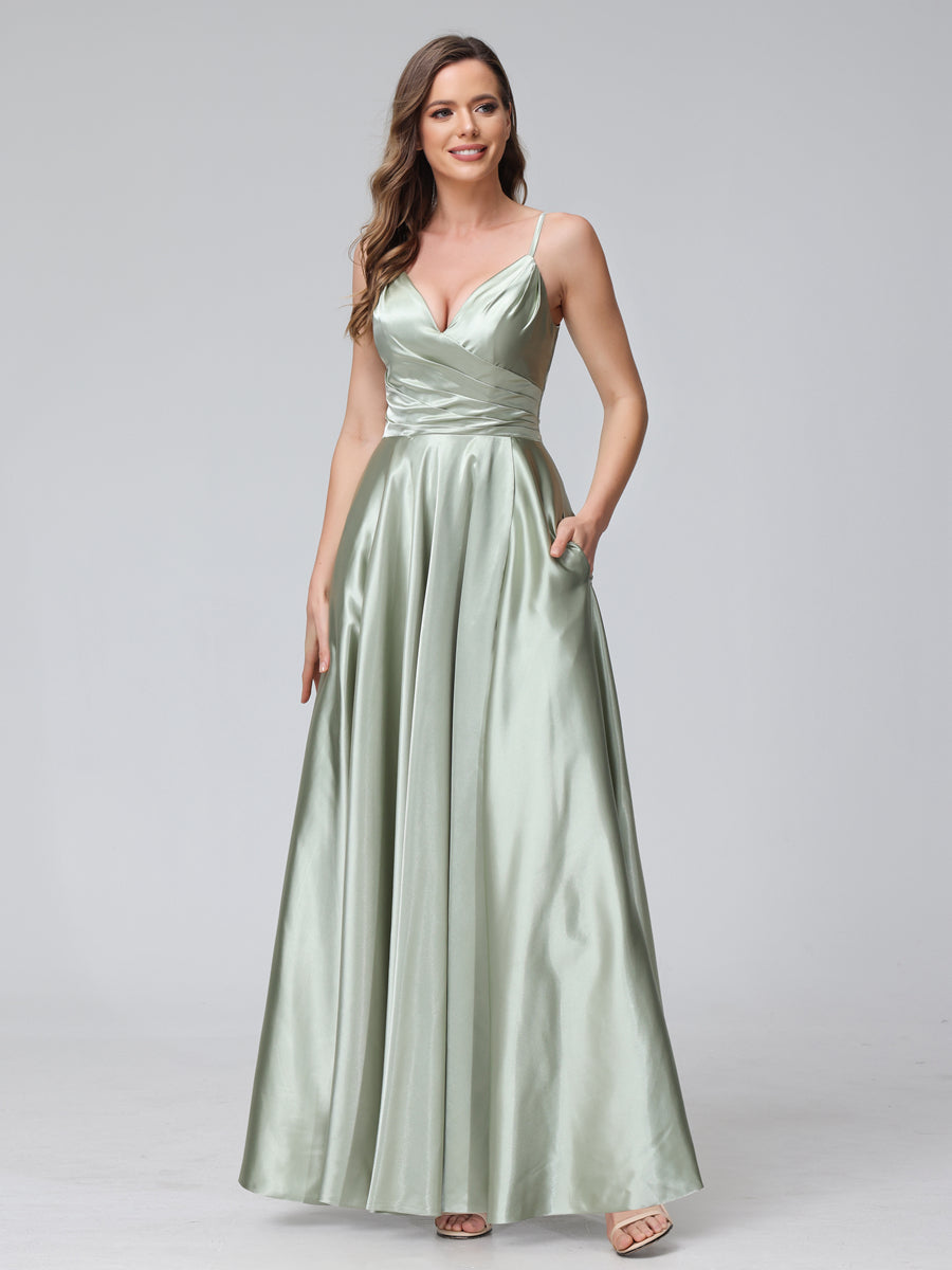 A-Line Sleeveless Long Silk Satin Bridesmaid Dresses with Pockets & Sp