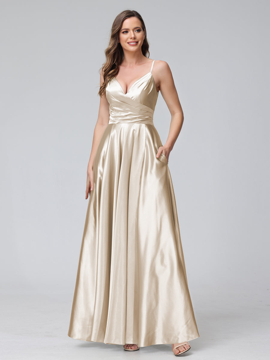 A-Line Sleeveless Long Silk Satin Bridesmaid Dresses with Pockets & Split Side