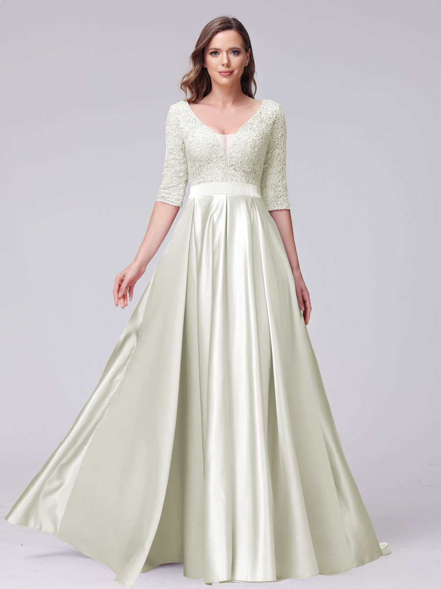 A-Line V-Neck Half Sleeves Applique Long Satin Bridesmaid Dresses With Split Side Pockets