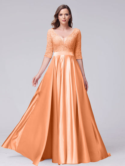 A-Line V-Neck Half Sleeves Applique Long Satin Bridesmaid Dresses With Lavetir UK A-Line V-Neck Half Sleeves Applique Long Satin Bridesmaid Dresses With Lavetir UK