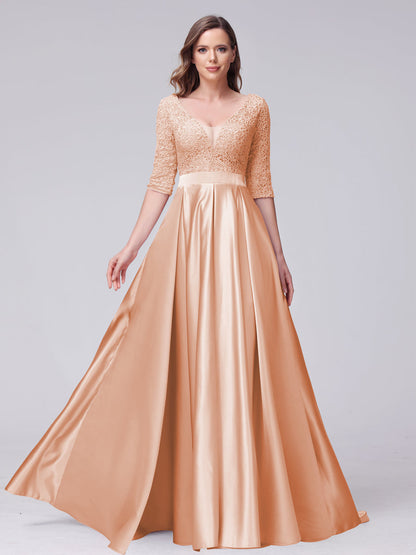 A-Line V-Neck Half Sleeves Applique Long Satin Bridesmaid Dresses With – Lavetir UK A-Line V-Neck Half Sleeves Applique Long Satin Bridesmaid Dresses With – Lavetir UK