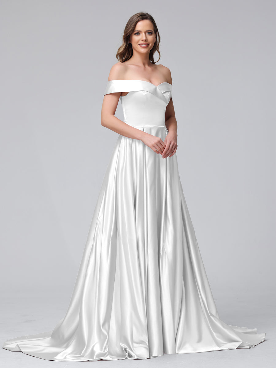 A-Line Off-the-Shoulder Long Satin Evening Dresses with Split Side & Pockets