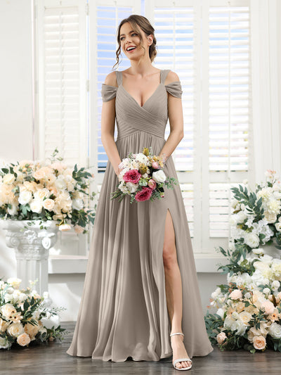 A-Line V-Neck Split Side Ruched Floor-Length Chiffon Bridesmaid Dresses