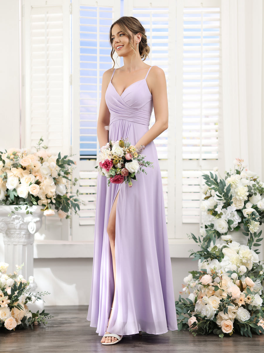 A-Line V-Neck Spaghetti Straps Sleeveless Split Side Floor-Length Chiffon Bridesmaid Dresses