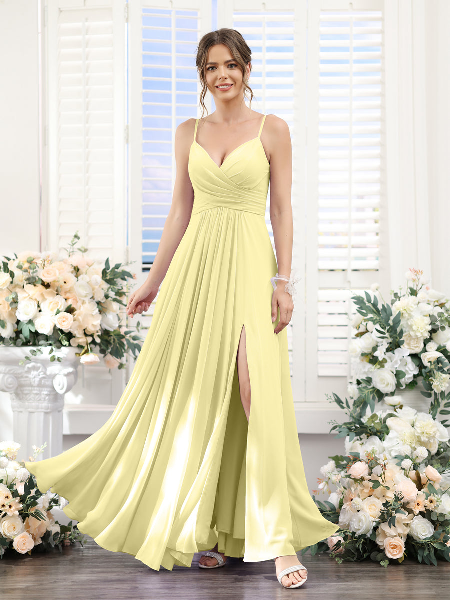 A-Line V-Neck Spaghetti Straps Sleeveless Split Side Floor-Length Chiffon Bridesmaid Dresses