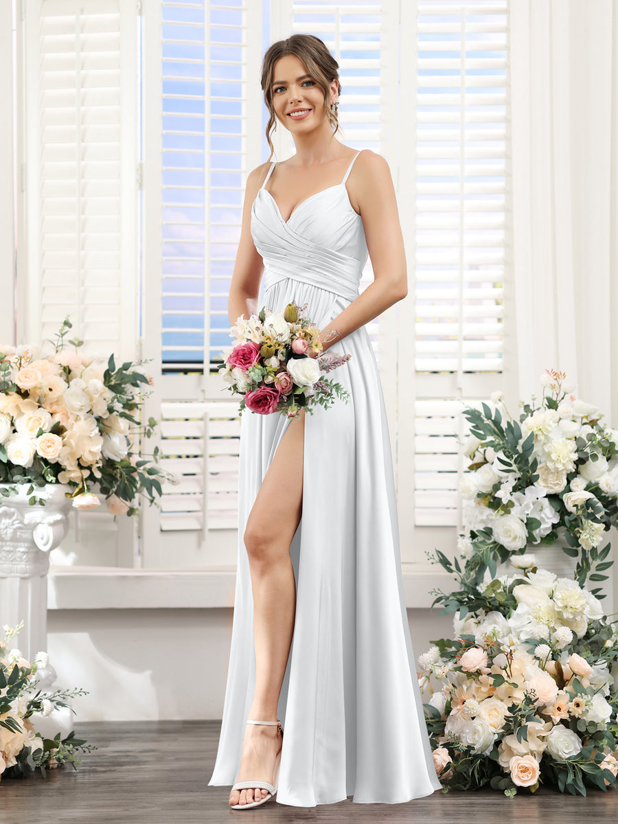 A-Line Spaghetti Straps Sleeveless Ruched Split Side Floor-Length Silk Satin Bridesmaid Dresses