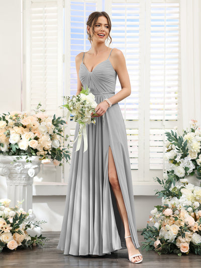 A-Line Ruched V-Neck Spaghetti Straps Split Side Floor-Length Chiffon Bridesmaid Dresses