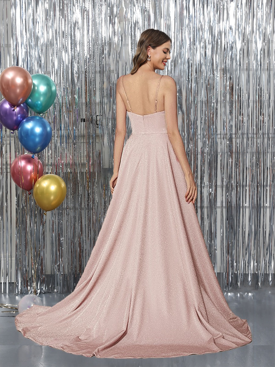 A-Line Sleeveless Metallic Lurex Long Prom Dresses with Spaghetti Straps