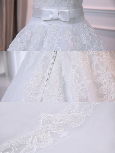 V-Neck Sleeveless Tulle Ball Gown Wedding Dresses with Belt & Appliques