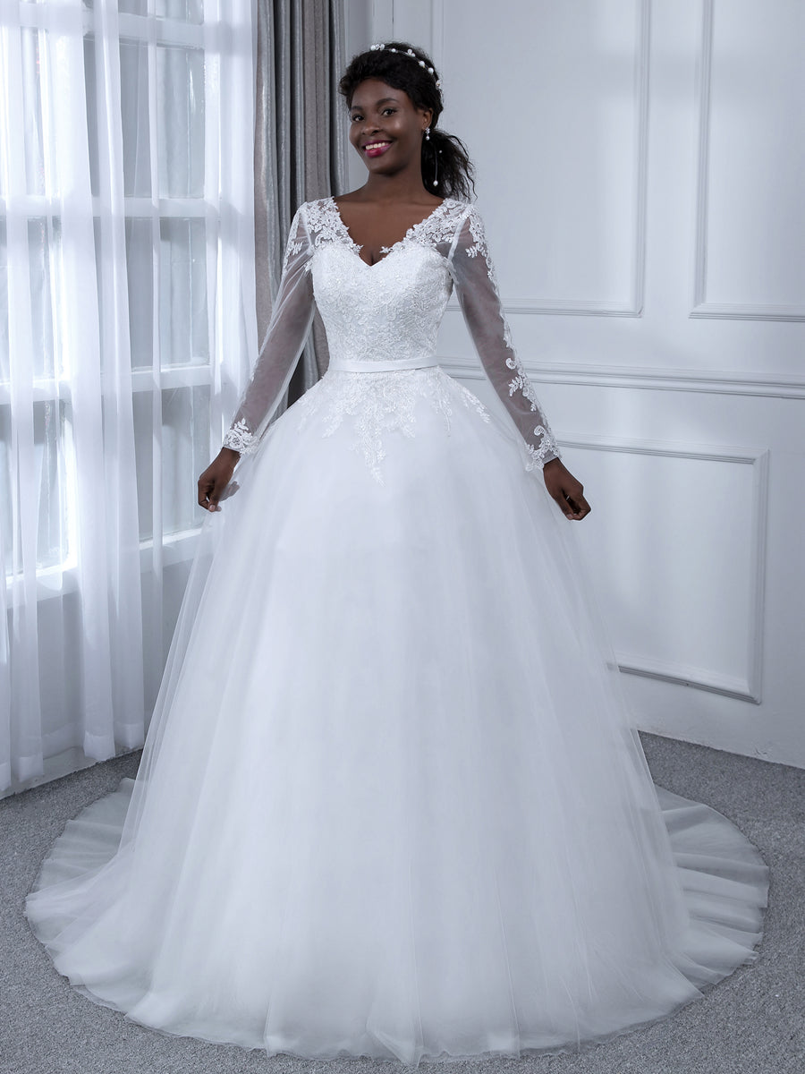 Ball Gown High Neck Long Sleeves Tulle Wedding Dresses with Lace N135