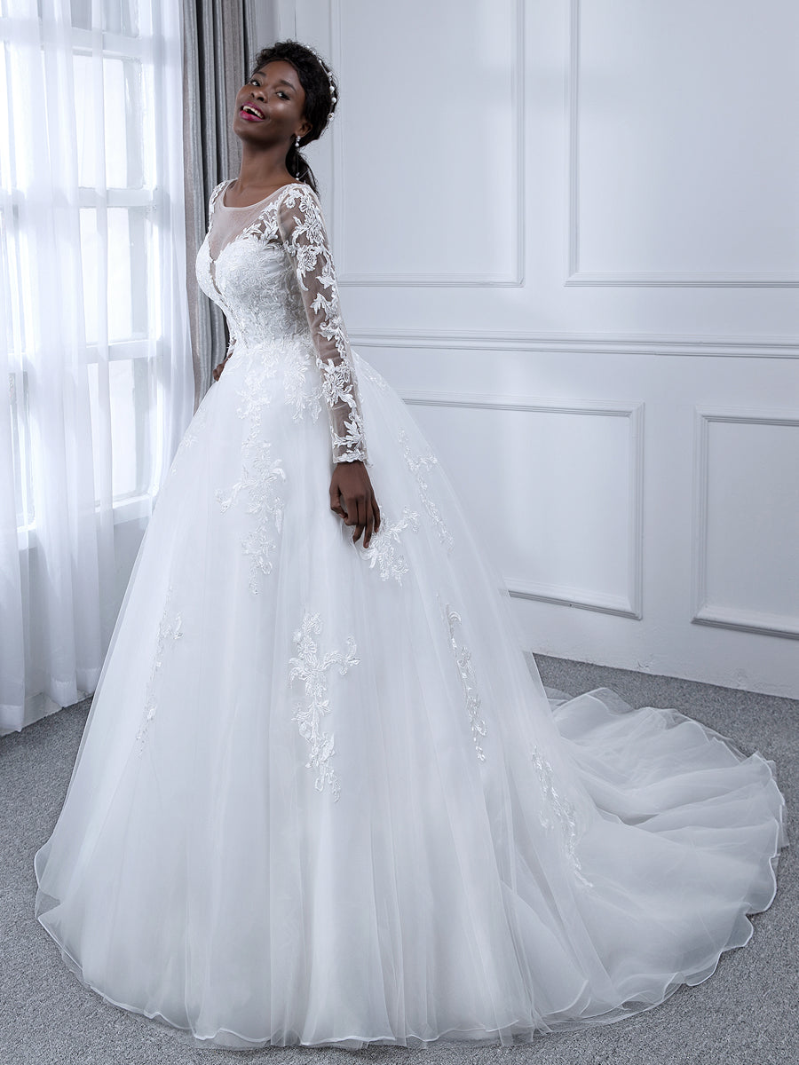 Lace Tulle V-Neck Sheer Long Sleeve Sweep Ball Gown Wedding Dress