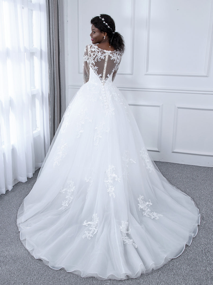 Sheer Neck Tulle Ball Gown Wedding Dresses with Long Sleeves & Appliques