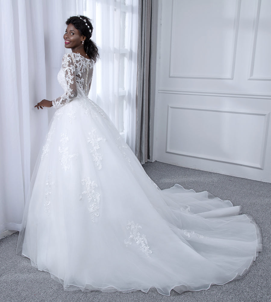 Sheer Neck Tulle Ball Gown Wedding Dresses with Long Sleeves & Appliques