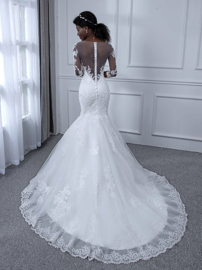 Sheer Neck 3/4 Sleeves Tulle Mermaid Wedding Dresses with Beading Appliques
