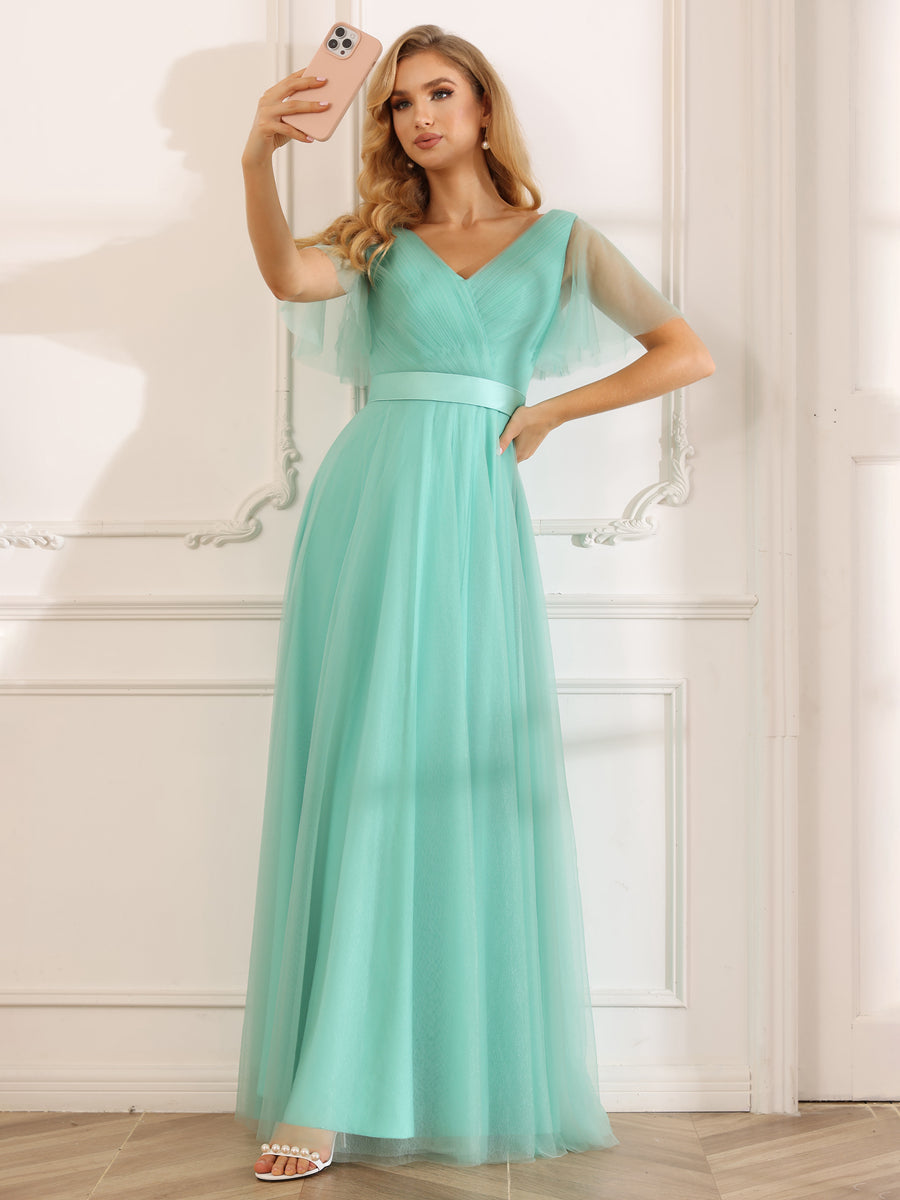 A-Line/Princess Tulle Long Bridesmaid Dresses with Sleeves