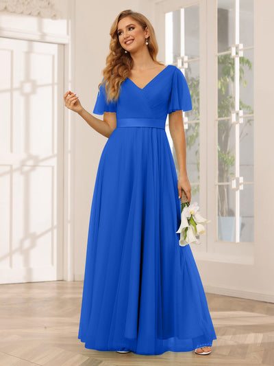 A-Line/Princess Tulle Long Bridesmaid Dresses with Sleeves