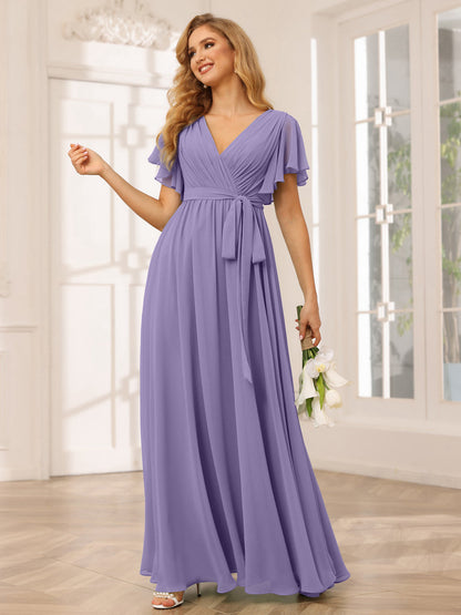 A-Line/Princess V-Neck Short Sleeves Long Bridesmaid Dresses with Sash Lavetir UK A-Line/Princess V-Neck Short Sleeves Long Bridesmaid Dresses with Sash Lavetir UK