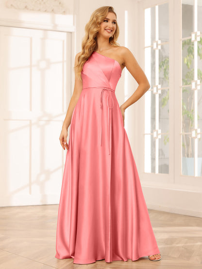 A-Line/Princess One-Shoulder Long Bridesmaid Dresses with Split Side & Sash