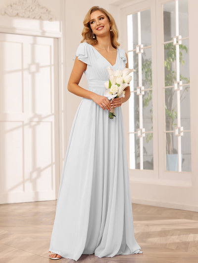 A-Line/Princess V-Neck Long Bridesmaid Dresses with Ruffles