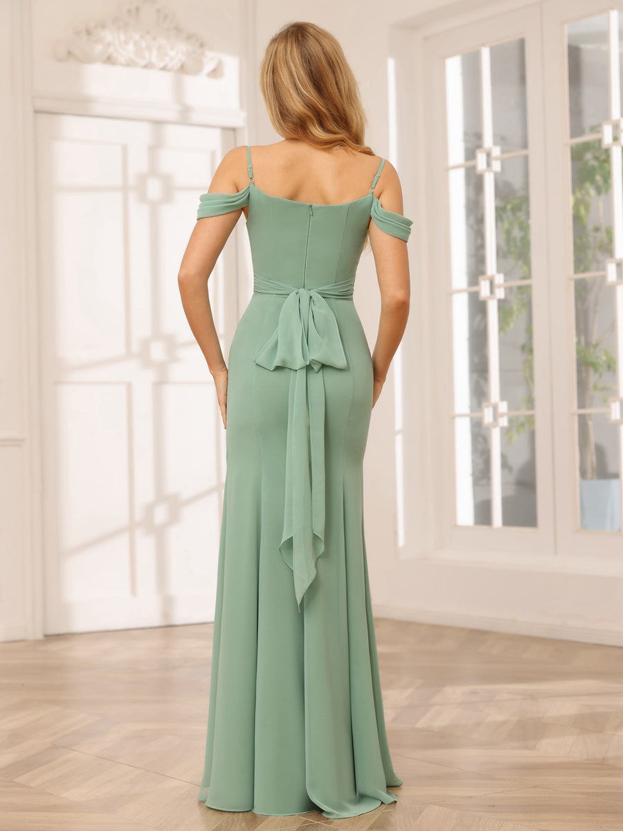 Sheath/Column Spaghetti Straps Off-the-Shoulder Long Bridesmaid Dresses with Split Side