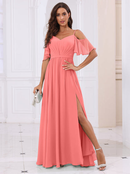A-Line/Princess Spaghetti Straps Long Bridesmaid Dresses with Split Side