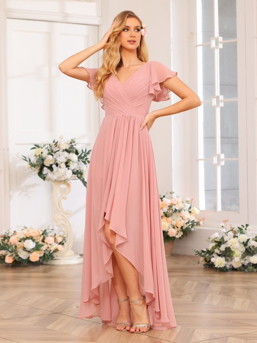 A-Line/Princess V-Neck Long Wedding Party Dresses with Ruffles